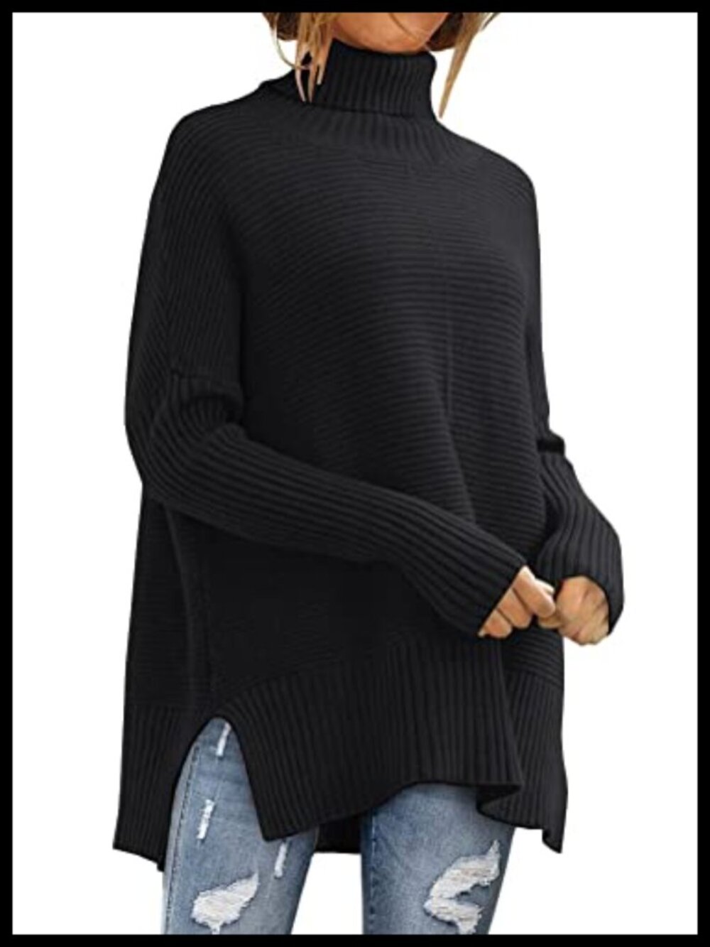 Oversized Roll Neck Tunic Sweater Soft Knit Long Pullover